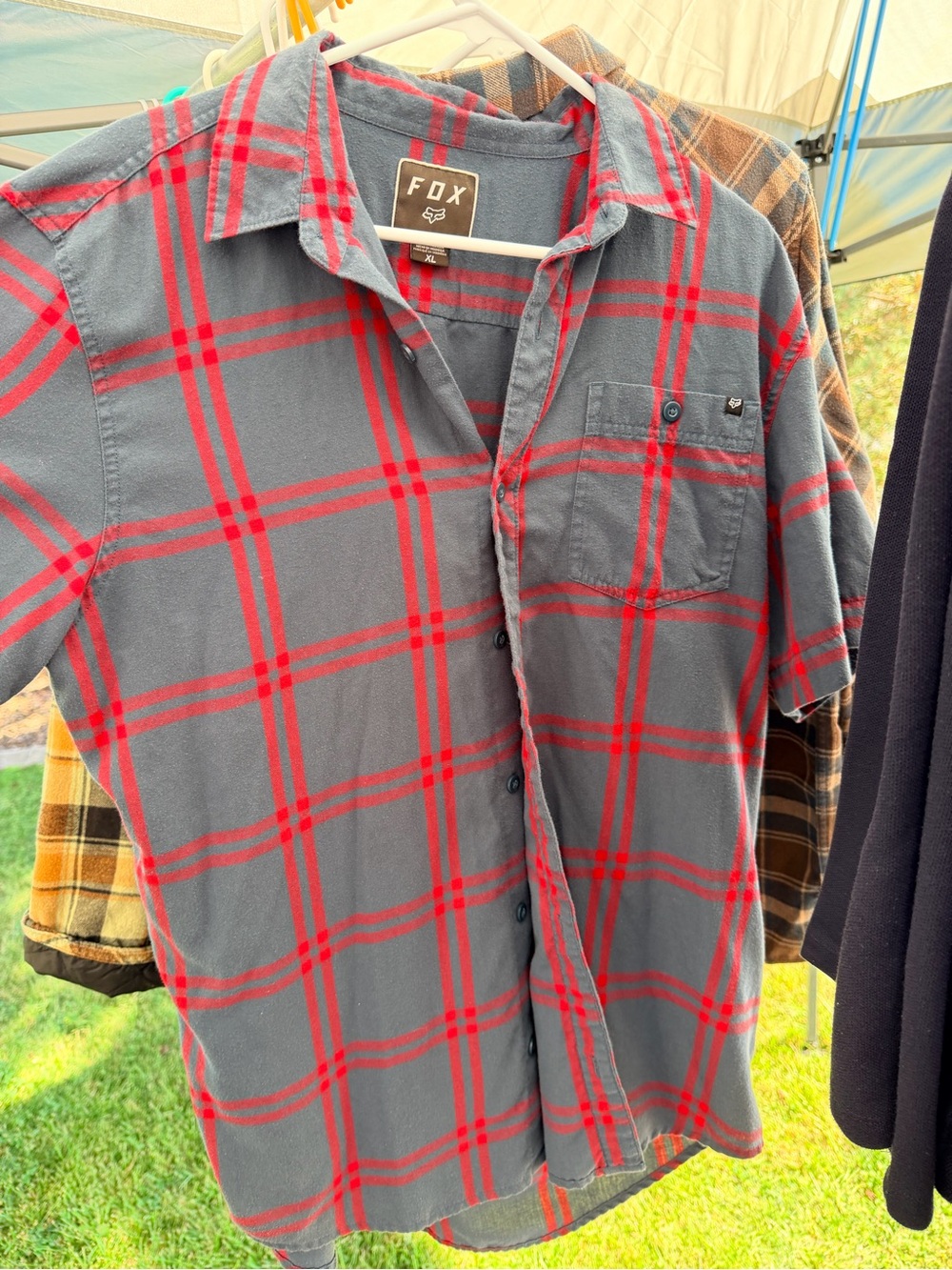 Fox Men’s Short-Sleeve Red and Gray Plaid Button-Up Shirt